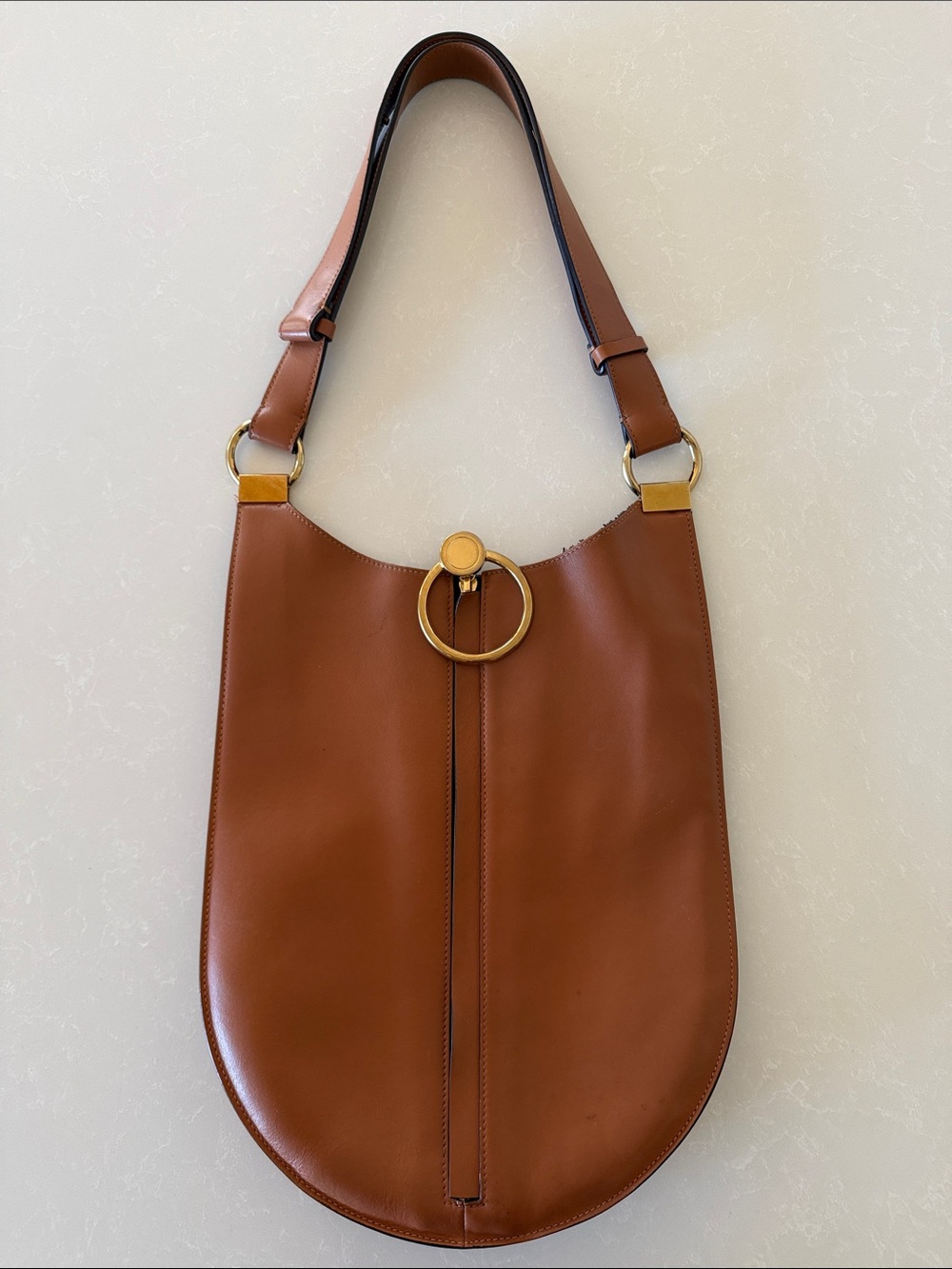 Marni Brown Leather Shoulder Bag with Gold Ring Accent